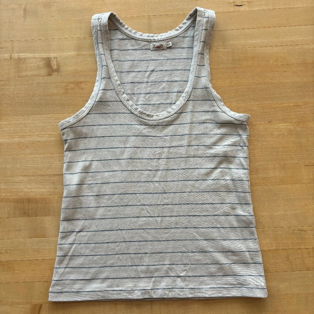 FAHERTY Whisper Beige Racer Back Tan Tank Top Maris Blue Thin Stripe Shirt XS